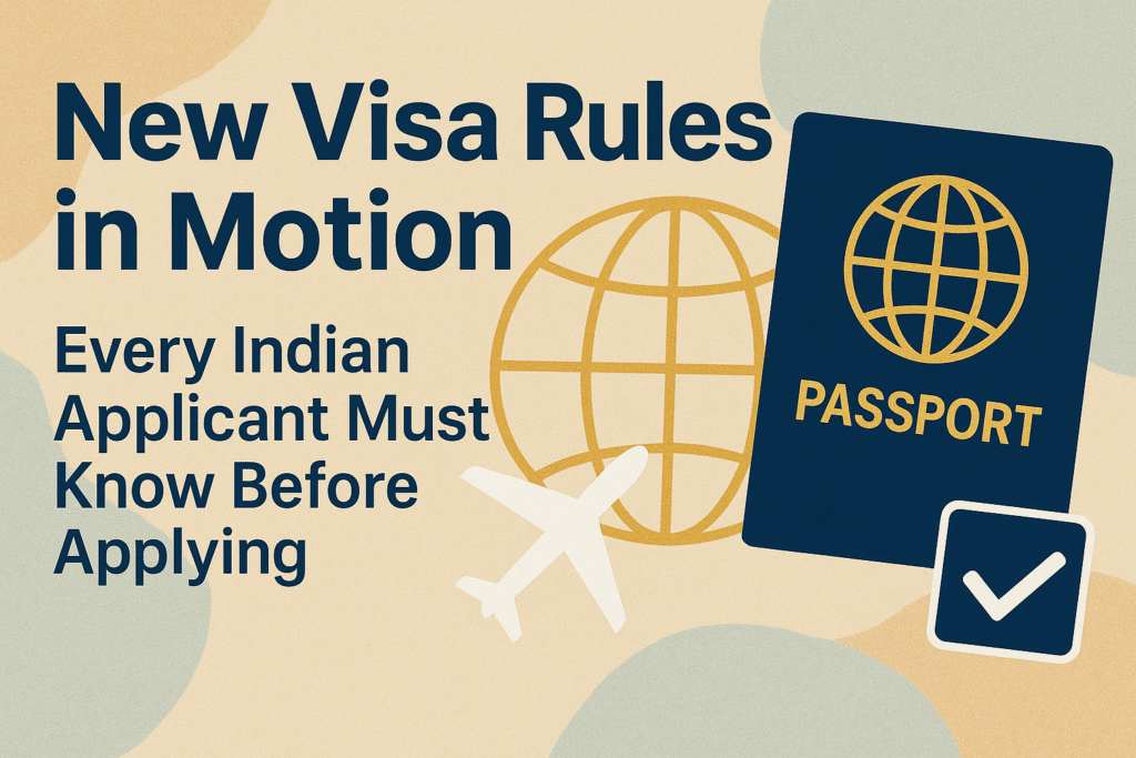A professional banner featuring the headline “New Visa Rules in Motion” with a smaller subtext “Every Indian Applicant Must Know Before Applying.” The background shows a beige and blue abstract overlay with travel-themed icons including a globe, passport, airplane, and checkmark symbolizing visa and travel updates.