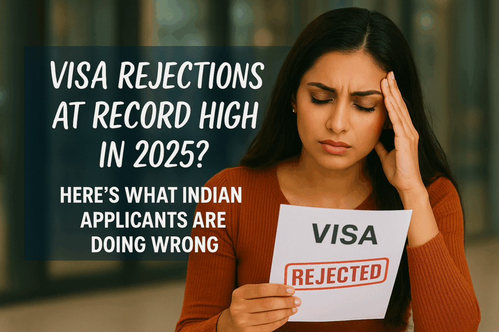 A young Indian woman looks worried while holding a visa document stamped “REJECTED,” symbolizing the rise in visa rejections in 2025.