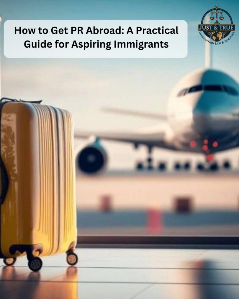 A suitcase placed at an airport terminal with an airplane in the background, symbolizing the journey toward permanent residency abroad.