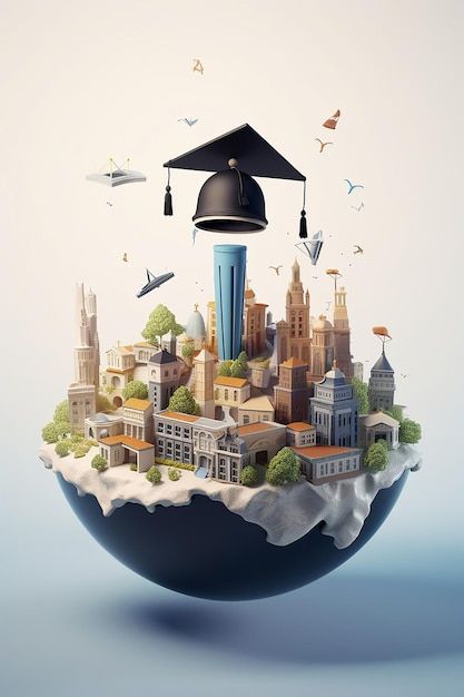 Illustration of a graduation cap rising above a floating globe with international cities and airplanes, symbolizing global study opportunities for students after 12th grade.