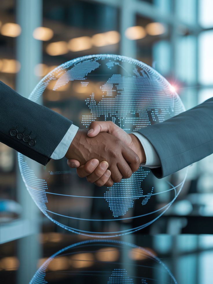 Business professionals shaking hands over a digital globe representing policy clarity and structured transition pathways for temporary-to-permanent immigration applicants.