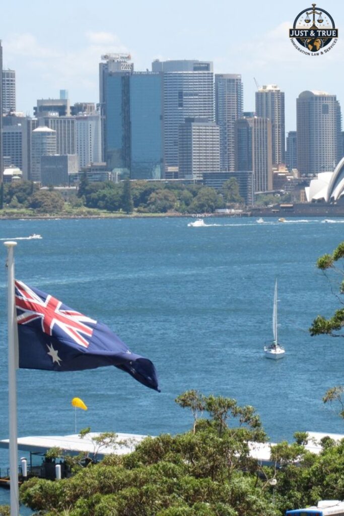 Sydney Harbour skyline with the Australian national flag in the foreground, representing Australia visa services and immigration guidance by Just & True Immigration.