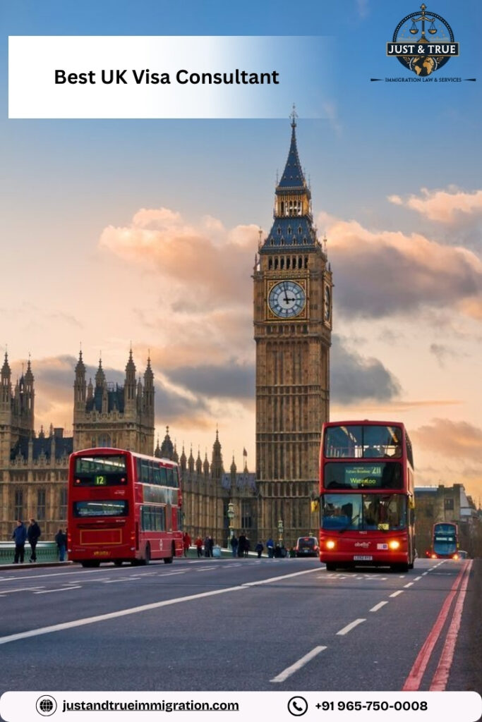 Best UK visa consultant guide featuring London’s Big Ben and red double-decker buses, representing trusted UK immigration and visa advisory services by Just & True Immigration Law & Services.