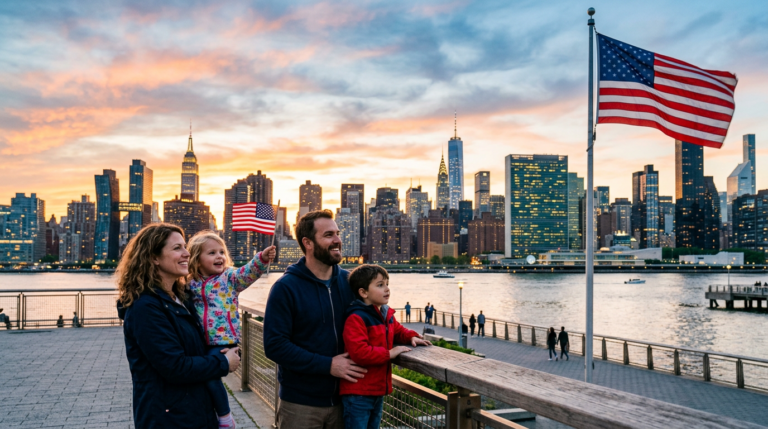 Family of four with two children looking at New York City skyline at sunset, American flags visible